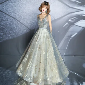

Elegant Sequin Tulle V-neck Long Prom Evening Dresses 2019 Glitter Wedding Formal party Gowns Lace Up Srobe de soiree