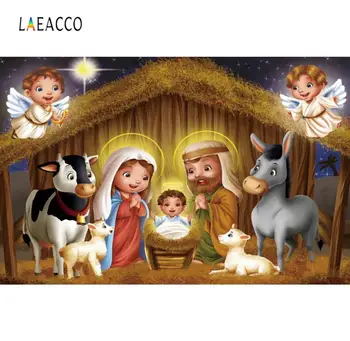 

Laeacco Baby Cartoon Jesus Birth Christmas Nativity Scene With Holy Family Angel Party Portrait Photo Background Photo Backdrops