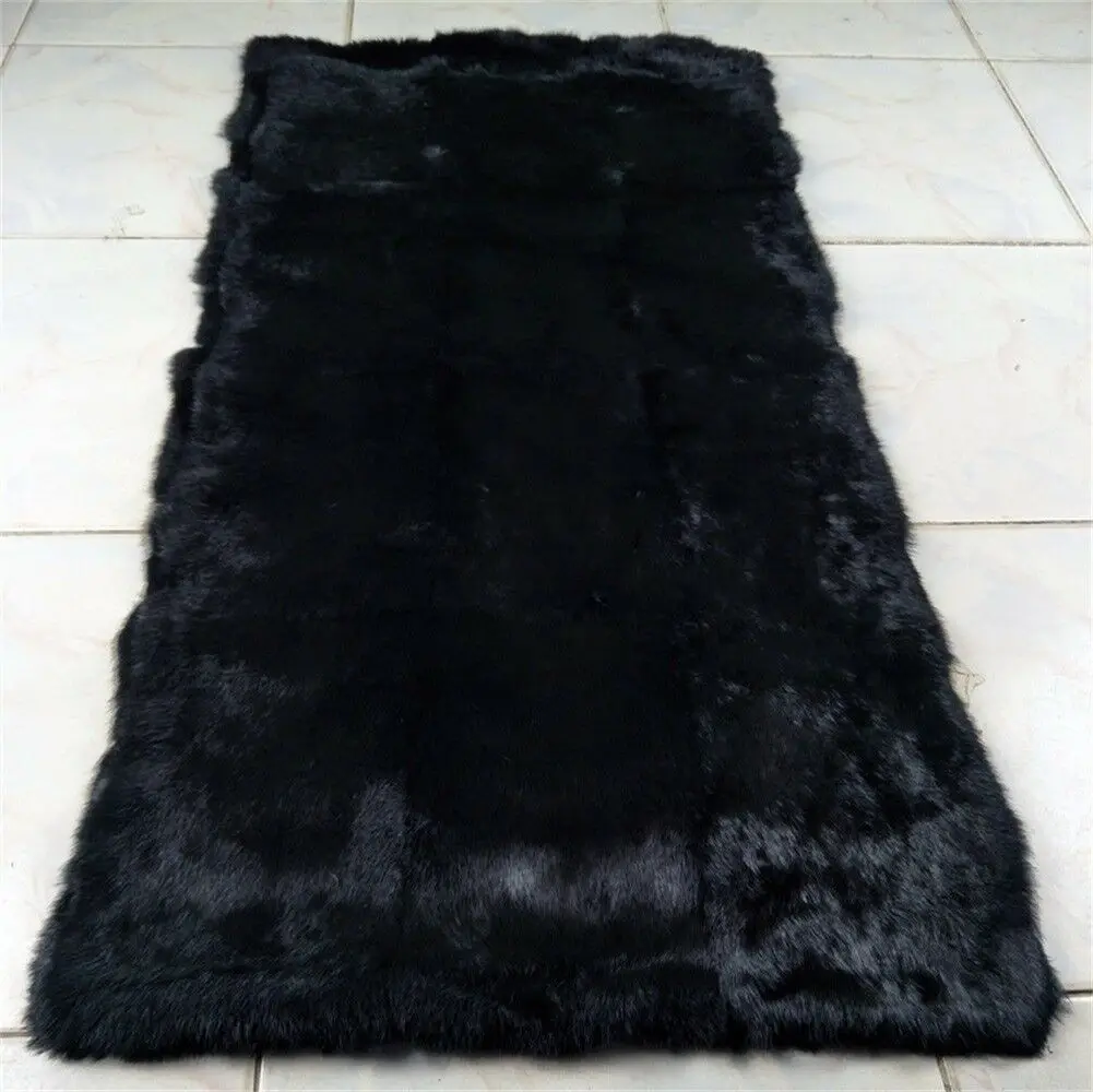 100% Genuine Soft Warm Rabbit Fur Throw Blanket for Bed Fluffy Plaid Real Sofa Cover Decor Living Room Carpet Black 110x55cm | Дом и сад
