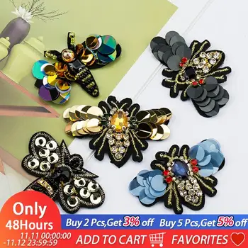 

QIAO Handmade Crystal Rhinestone beaded&sequin Patche Bees Shape Fashion Sew on pearl patch for clothes beaded Applique Cute DIY