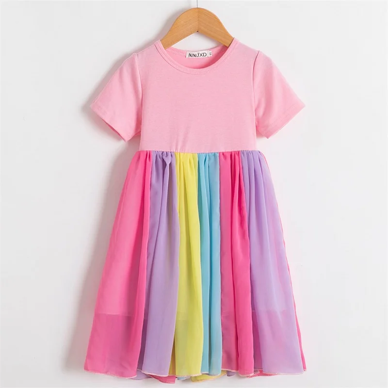 Girls Dress 2022 Summer Fashion Girls Princess Dress Rainbow Color Short Sleeve Cotton Patchwork 2-6T Girls Voile Tutu Dresses children dress