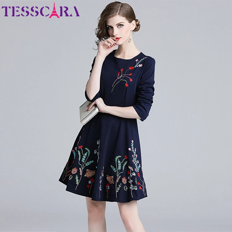 

TESSCARA Women Autumn Elegant Floral Embroidery Dress Festa Female High Quality Vintage Designer Vestidos Event Party Robe Femme