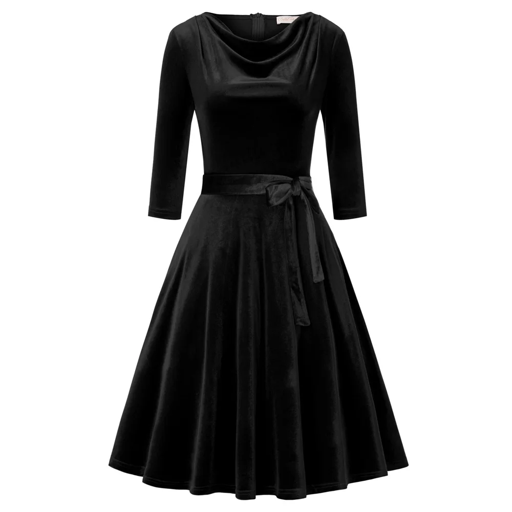 

Women's dresses 3/4 Sleeve A-Line Dress Pockets Belt Decorated solid color elegant evening party casual warm fall Velvet dress