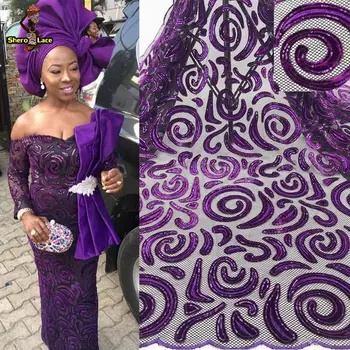 

High quality african french tulle lace with sequins and velvet purple color embroidered glitter tulle lace fabrics for dress