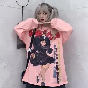 Harajuku футболка уличная Япония аниме футболка женская Милая футболка с рисунком уличная забавная Повседневная розовая негабаритная футболка - Цвет: Розовый