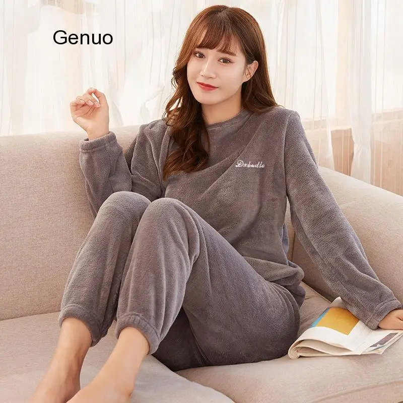 

Женский пижамный комплект, зимняя теплая Фланелевая пижама, домашняя одежда, плотная Женская одежда для сна, плюшевый Пижамный костюм, свитшот, толстовки, однотонные