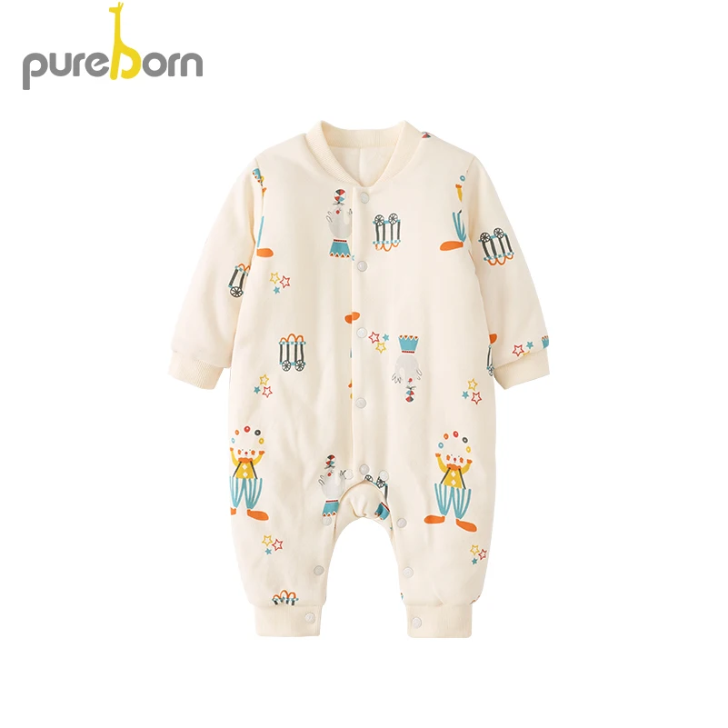 Pureborn/комбинезон для малышей с длинными рукавами; хлопковый утепленный комбинезон на подкладке; Одежда для мальчиков и девочек; комбинезоны для новорожденных; сезон весна-Зима - Цвет: beige