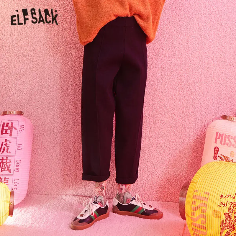 ELFSACK, разноцветные, одноцветные, средняя талия, минималистичный стиль, вязанные, повседневные, женские штаны,, зимние, чистый, корейский стиль, для офиса, для девушек, базовые брюки