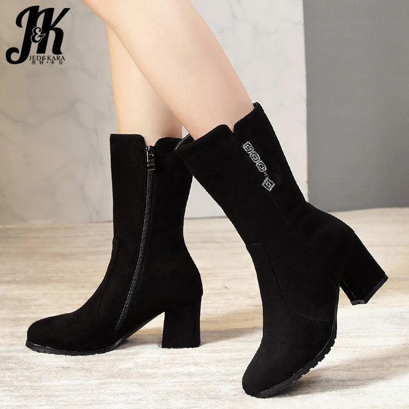 

JK Mid-Calf Boots Women Crystal High Heels Boot Ladies Round Toe Shoes Female Flock Shoes Zip Metal Shoes Winter 2020 New