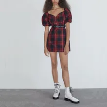 Вечерние женские мини-платья, повседневные платья с пышными рукавами и клетчатым поясом Vestidos