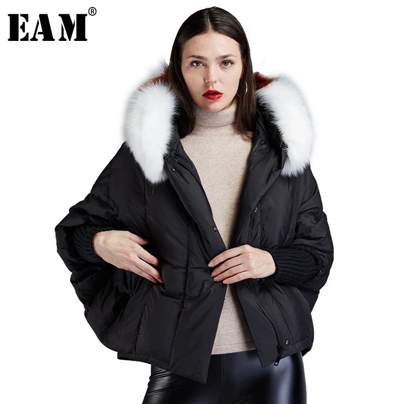 

[EAM] Loose Fit Big Fur Collar Big Size Short Down Jacket New Long Sleeve Warm Women Parkas Fashion Autumn Winter 2019 1A384