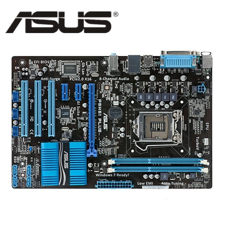 LGA 1155 ASUS P8H61 Plus, оригинальная материнская плата ASUS P8 H61, разъем ATX DDR3, DVI, VGA, USB2.0, 16 ГБ, системная плата для настольного компьютера, б/у
