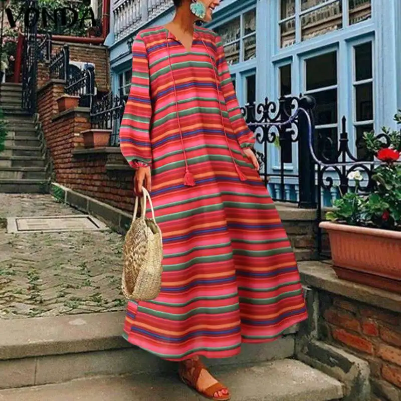

VONDA Vintage Printed Autumn Maternity Dress Women Colorful Striped Long Dresses Loose Pullover Holiday Sundress Party Vestidos