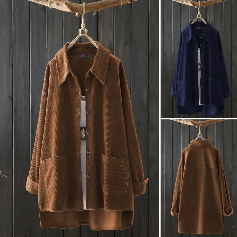 

Plus Size Turn-down Collar Shirts 2020 ZANZEA OL Work Corduroy Tunic Women Tops and Blouses Femme Casual Solid Blusas Chemise