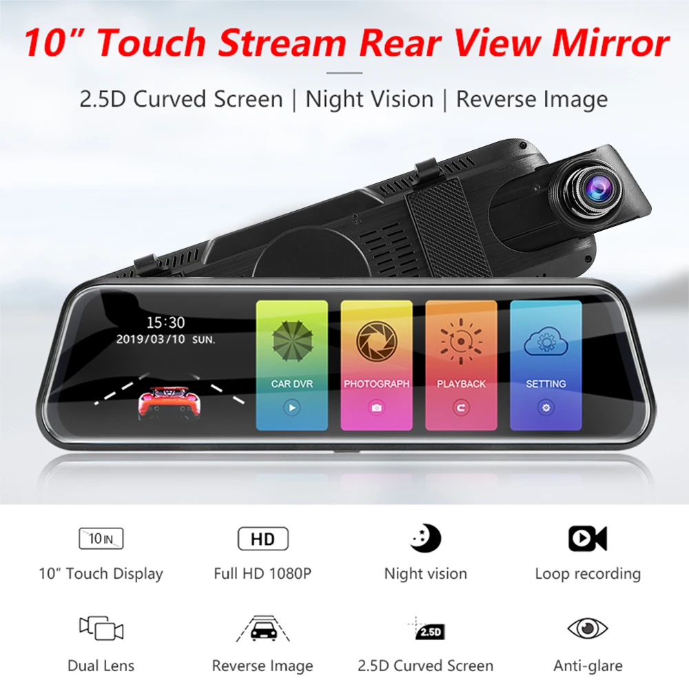 

10" 1080P Car Cameras DVR Dash cam Touch screen Stream Rear View Mirror Cycle Recording Night Vision Dual Lens G-sensor