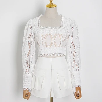 

TOP QUALITY New Fashion 2020 Stylish Runway Suit Set Women's Square Collar long sleeve Hollow Out lace Tops short pants Set
