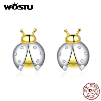 

WOSTU Real 925 Sterling Silver Beetle Ladybug Stud Earrings For Women Gold Color Small Wedding Earrings Luxury Jewelry CQE730
