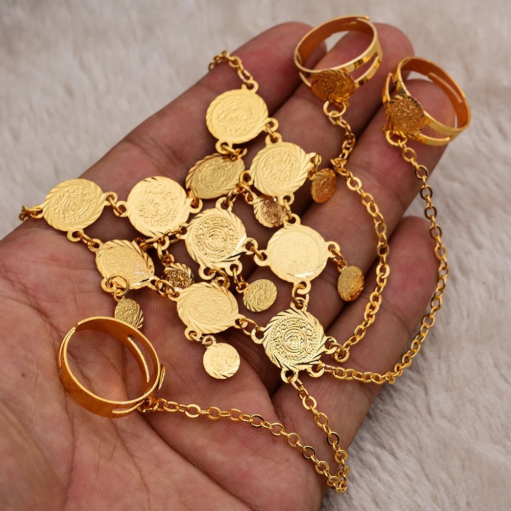 Women Gold Color Coin Bracelet Bangles in chain link Rings Dress Bracelet for Arab Middle East