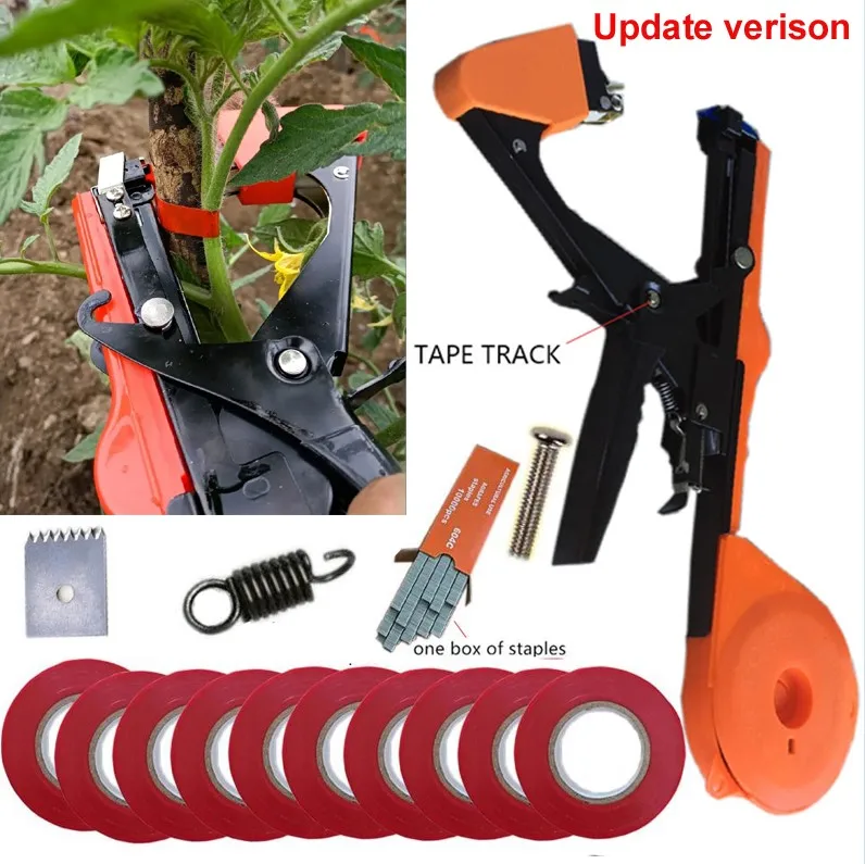 Plant Tying Machine With Tape & Staples - Garden Taping Tool For Tomatoes, Vines, Flowers, Vegetables (Orange)