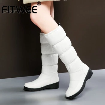 

FITWEE Size 35-44 Knee High Boots Women New Winter Warm Fur Down Shoes Women Casual Flats Cotton Footwear Add Plush Snow Boots