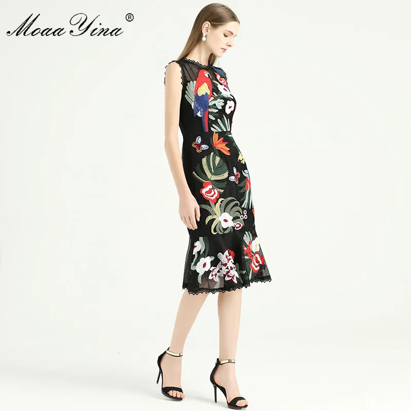 MoaaYina, модное дизайнерское платье, весна-лето, женское платье, Зеленый лист, цветы, Бабочка, попугай, вышивка, платье русалки