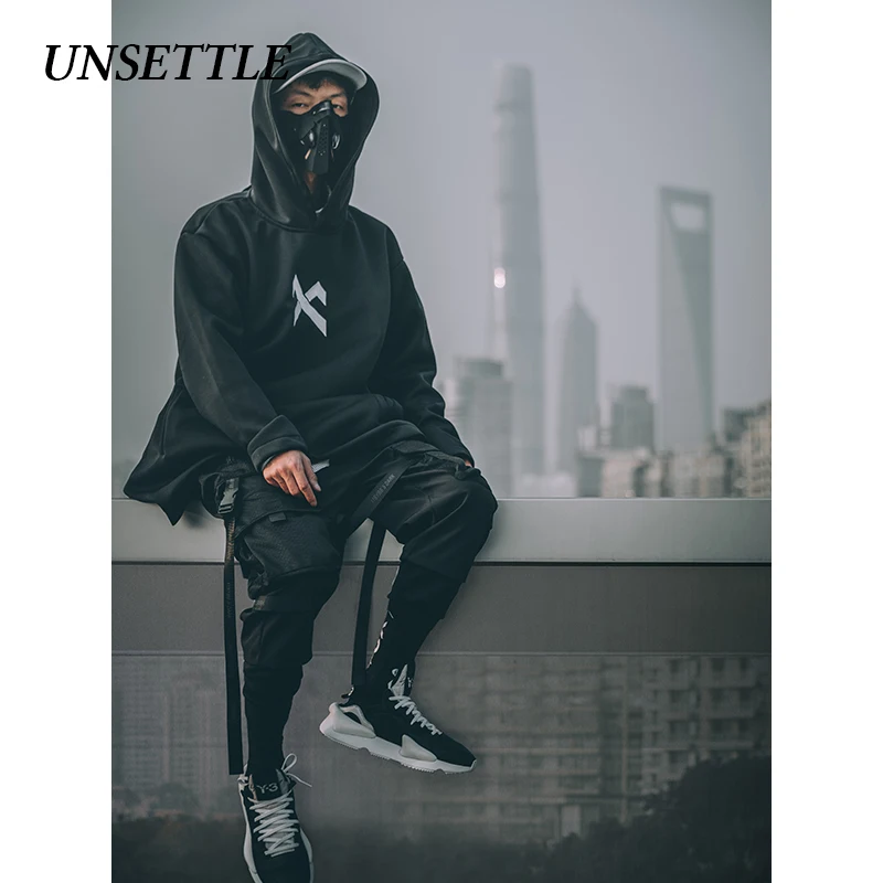  UNSETTLE japanese sweatshirt Mens Oversize Hoodies Long Fleece Cloak Hip Hop Outwear Streetwear Coa