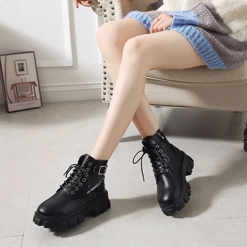 

Handsome Martin Boots Women's 2019 New Style Versatile Lace-up Boots round-Toe Platform Boots Spring And Autumn Thick Bottomed L