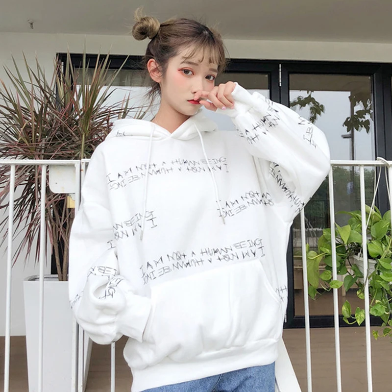 Толстовки женские в Корейском стиле Ulzzang Harajuku с капюшоном с длинным рукавом студенческие Большие размеры с большим карманом и буквенным принтом женские s толстовки