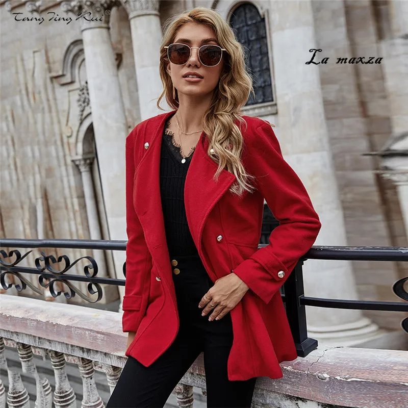 2021 Vintage Red Women Blazer Winter New Fashion OL Slim Double — free download