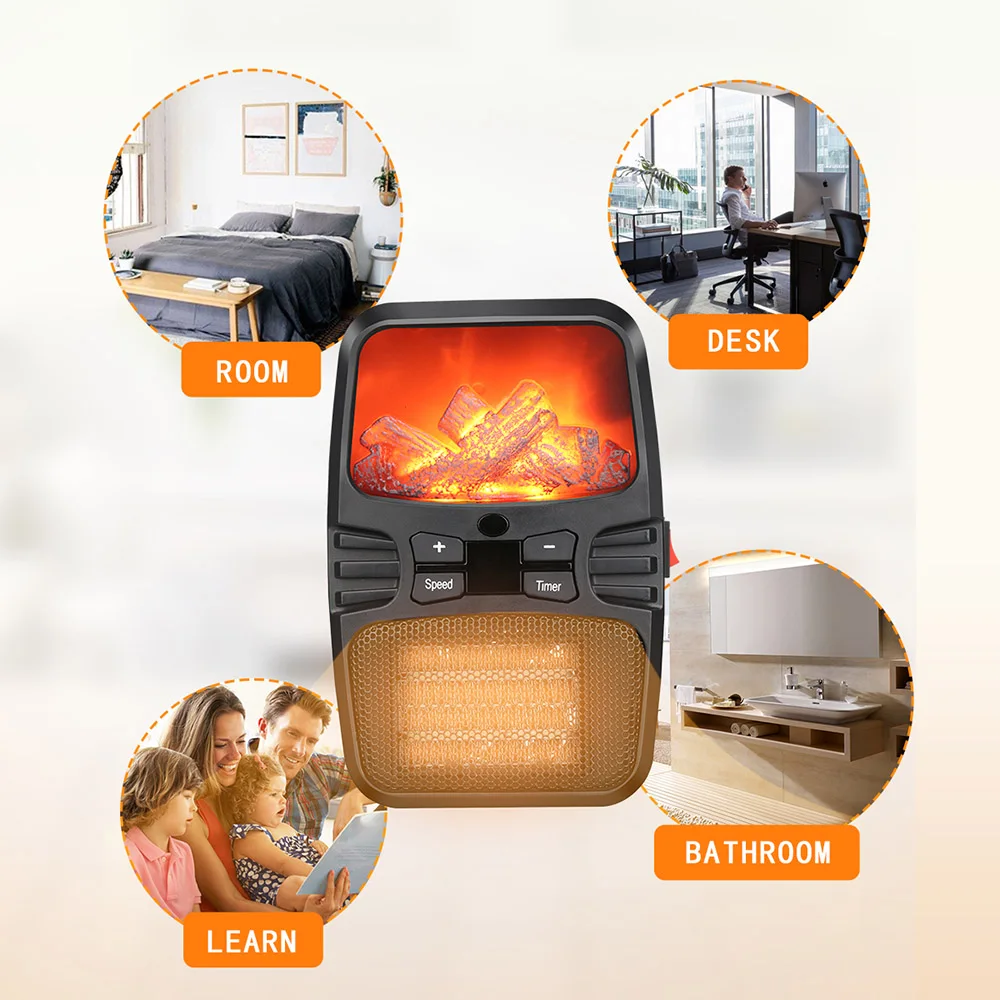 1000W Wall Outlet Flame Mini Heater Portable Heater Home Desktop Display Warm Fan Space Heater