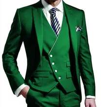 Мужские костюмы из трех предметов, зеленый пиджак для жениха на одной пуговице, деловые костюмы, смокинг(Блейзер+ жилет+ брюки