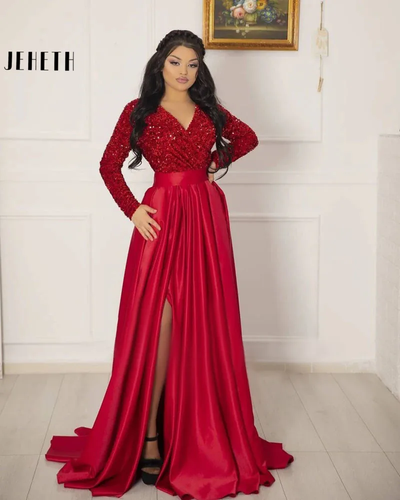 JEHETH Elegant A Line Evening Dress Sequins V Neck Long Sleeves Sweep Train Prom Women Formal Party Gown Split Vestido De Noch