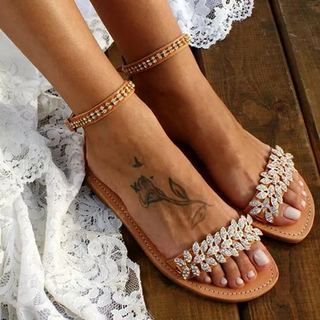 

Women Summer Beach Sansals Flats Flowers Beaded Open Toe Breathable Comfortable Shoes Woman Roman Sandals sandalia feminina