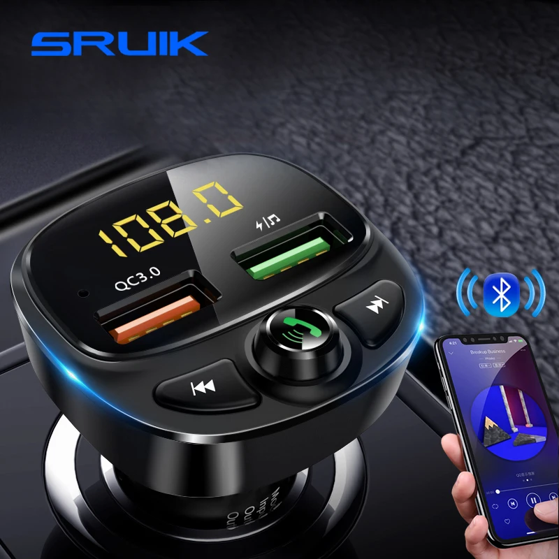 

SRUIK FM Transmitter Bluetooth Car Quick Charge 3.0 FM Modulator USB Car Phone Charger Car Kit Hands-Free TF Card Music Player