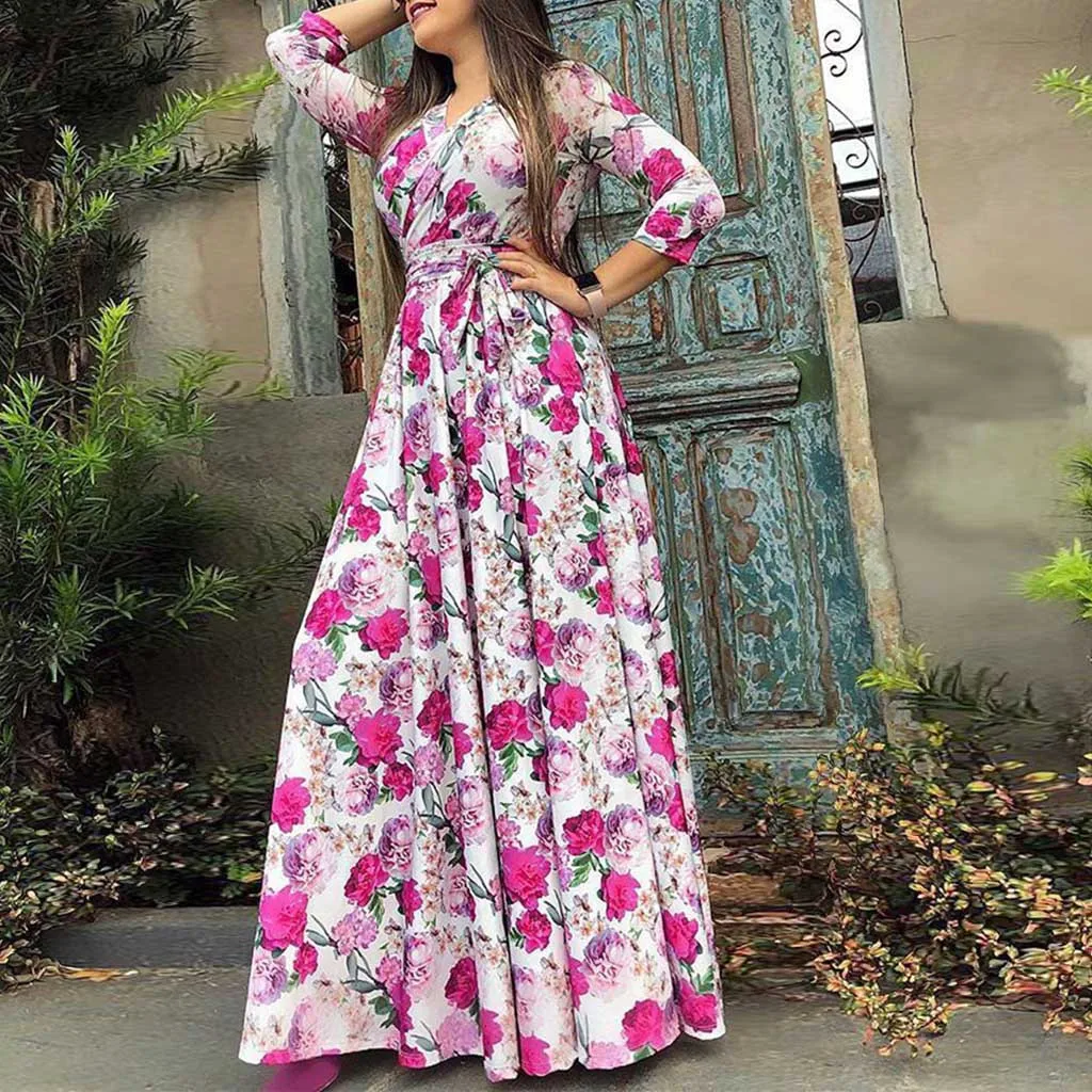 

Fashion Women ruched dress Three Quarter Sleeve Printed V-Neck Swing Beach Long Maxi Dress vestido mujer DouDouLu Sukienki