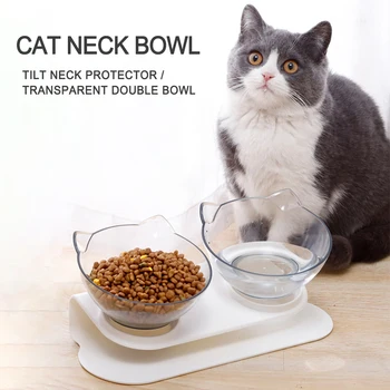 

Cat Double Bowl with Raised Stand Elevated Pet Double Transparent Plastic Bowl 15°Tilted Platform Slow Feeder for Cat Small Dog