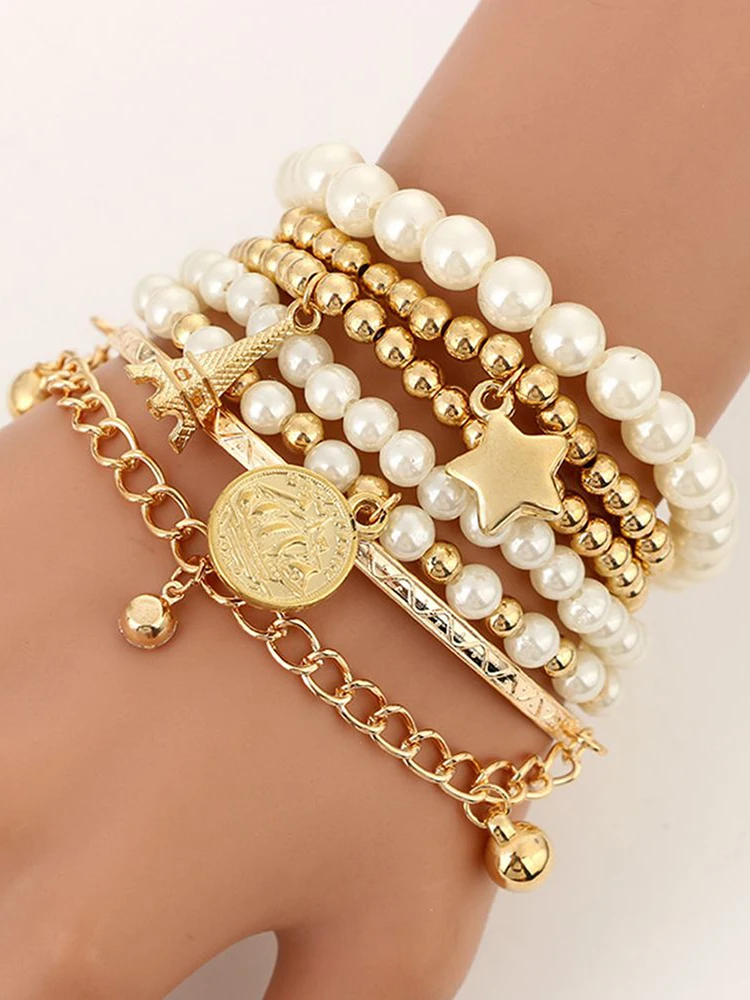 Горячая Распродажа, женский браслет, модные милые стразы, Эйфелева башня, логотип, жемчуг, Ретро стиль, монета, шесть частей, многослойный эластичный золотой браслет