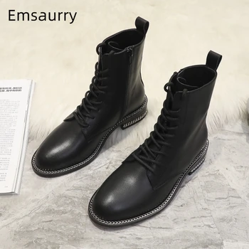 

2020 New Autumn Winter Real Leather Martin Boots Round Toe Side Zip Cross-tied Chains Decor Heel Women Boots