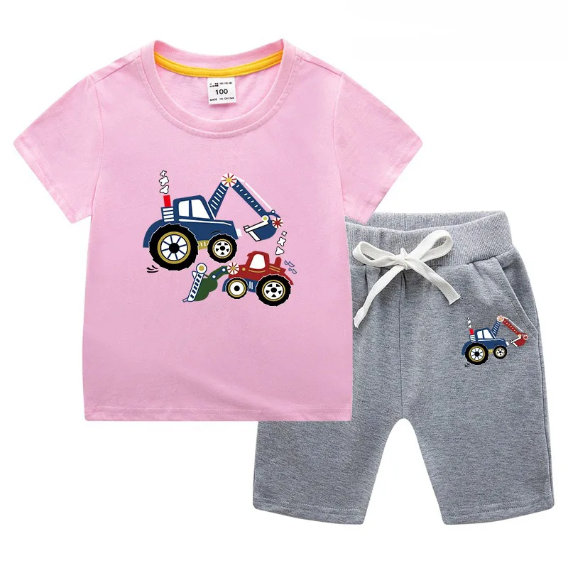 Комплект для малышей, комплект новой летней детской костюм хлопок футболка с короткими рукавами+ спортивные Шорты с героями мультфильмов спортивный костюм для мальчиков, девочек - Цвет: Pink-Gray