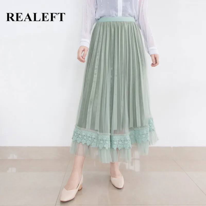REALEFT Осенние новые кружевные плиссированные юбки длинные юбки элегантные офисные женские повседневные эластичные юбки с высокой талией для женщин