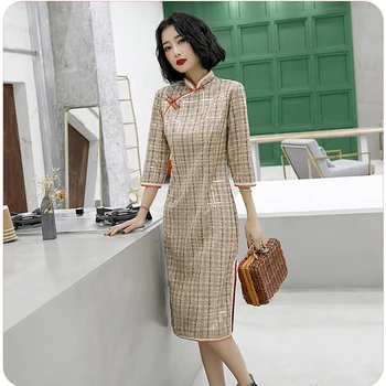 

Light Brown Plaid Cheongsam For Female Mandarin Collar 3/4 Sleeve Chinese Qipao Velour Sexy Evening Party Dress Large Size 3XL