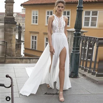 

Beach New Romantic Wedding Dress Lace Simple Appliques Свадебное платье High Split Gown Illusion Tulle Vestido De Noiva Ribon