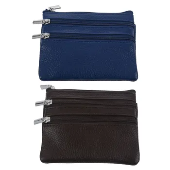 

2x Leather Change Coin Purse with 4 Pockets and Keychain for Women Blue & Coffee