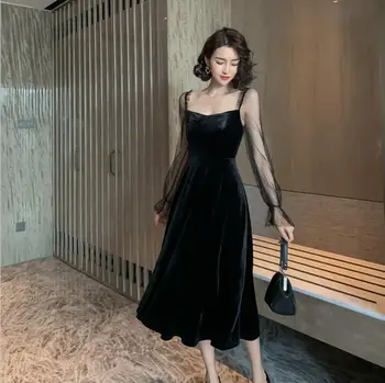 

2020 spring / autumn fashion women's sexy mesh gauze stitching velvet long sleeve dress Vintage Hepburn ladies party dress
