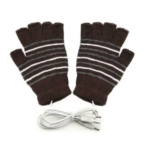 Brown striped heated Для мужчин женщин ноутбук USB зима теплый снег с подогревом рукавицы полный половина пальцев перчатки - Цвет: Brown striped heated