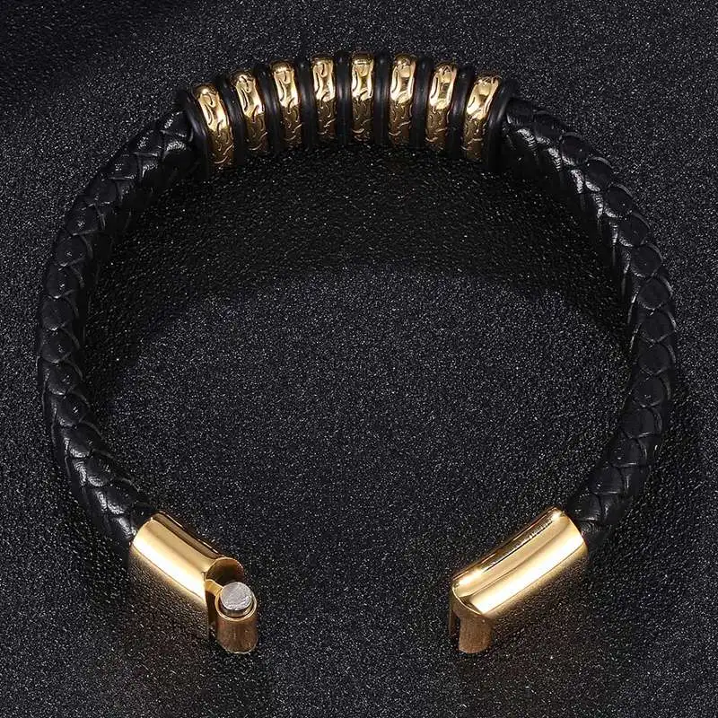 Men's Leather Beaded Bracelet in Gold - Atolyestone