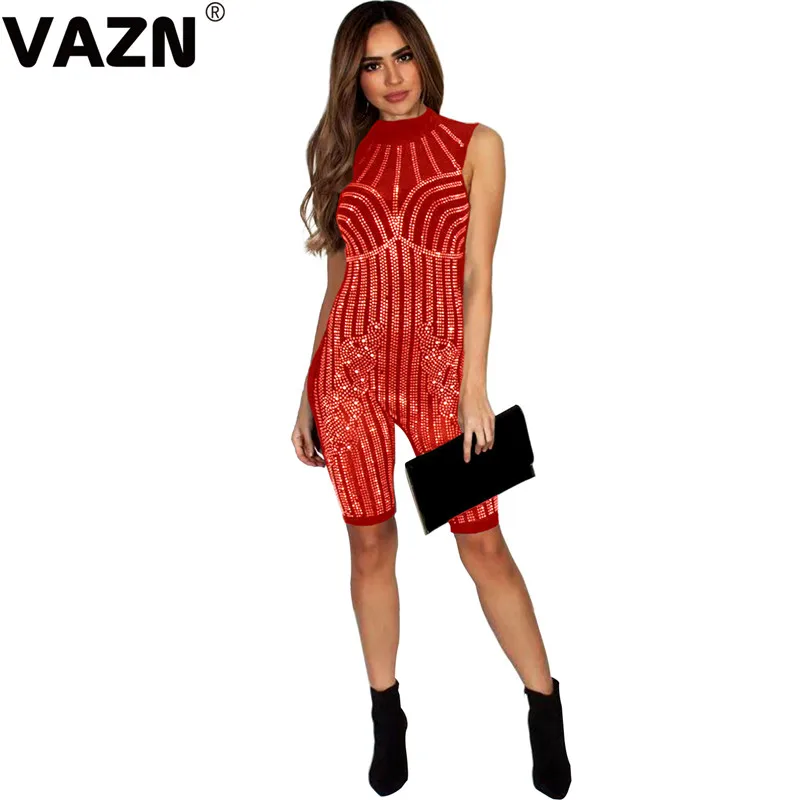 VAZN XYZ3313 цветные обтягивающие Клубные комбинезоны с блестками и бриллиантами, сексуальные модные эластичные женские комбинезоны с открытыми плечами и коротким рукавом - Цвет: Красный