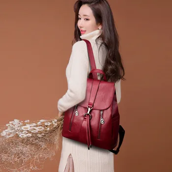 

Double Zipper Drawstring Backpack Women Leather Bagpack Large Capacity Travel Bag Female Rucksack Shoulder Bag Mochila Feminina