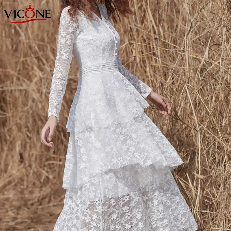 

VICONE French restoring ancient ways of cultivate one's morality show thin long sleeve lace Dress