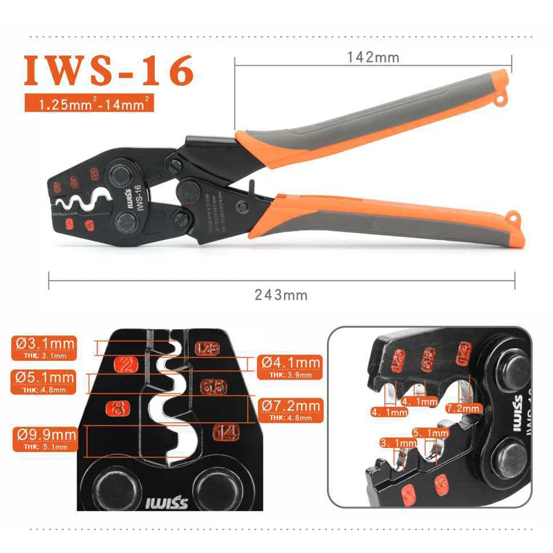 IWS-6/8/16/38 crimper plier Ratchet Crimping Tool for Non-Insulated Terminals 1.25-6MM&sup2; Polished Jaw Pressure regulating device